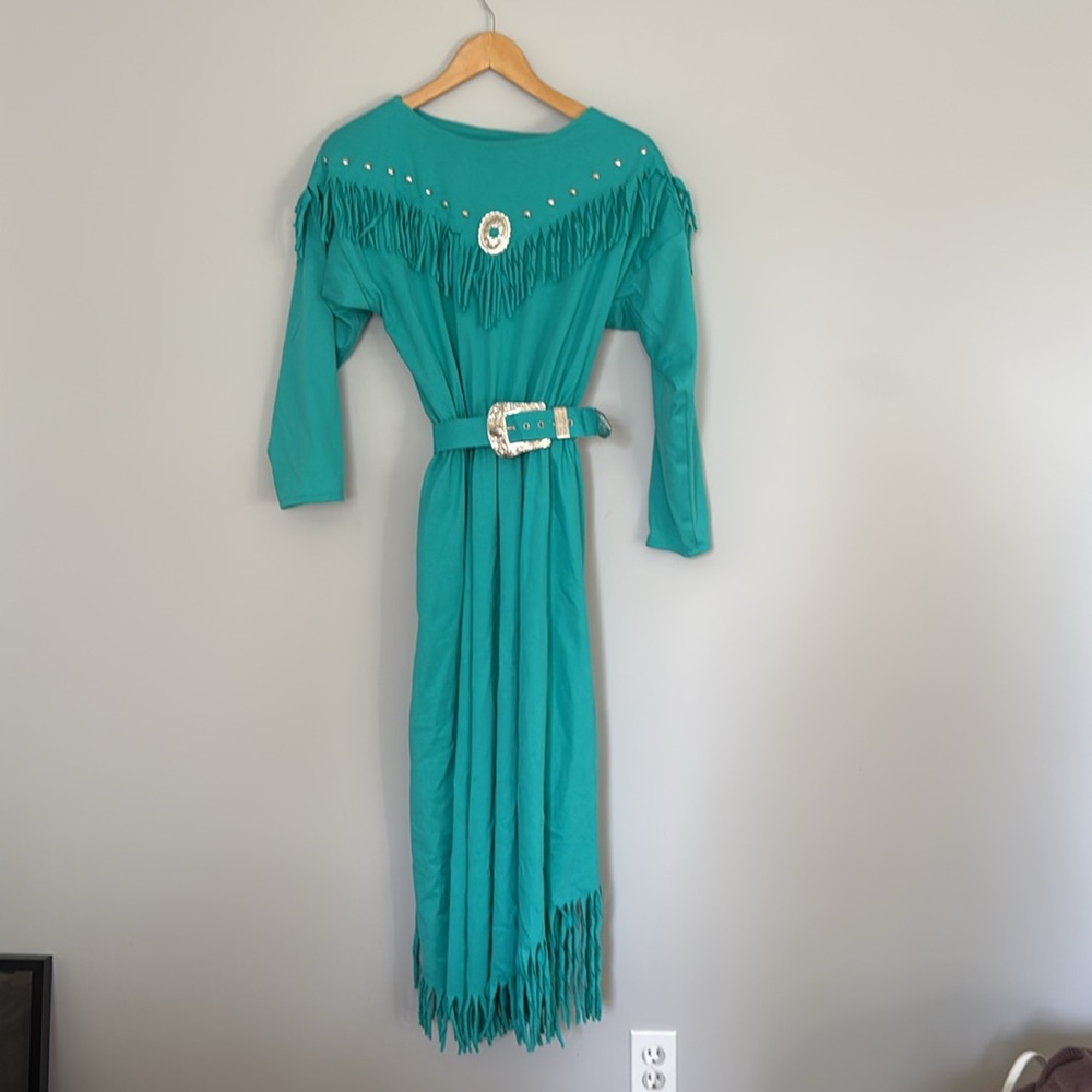 VINTAGE FRINGE DRESS WITH MATCHING BELT COTTON BLEND MADE IN USA